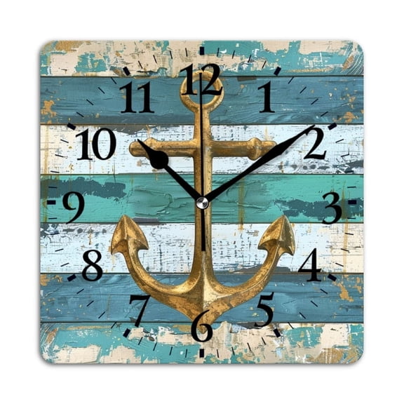 Square Wall Clock,Nautical-Themed Design With Anchor On Distressed Wood Planks,Silent Non-Ticking Wall Clock Decor for Home Office Kitchen Living Room Bedroom(10inch)