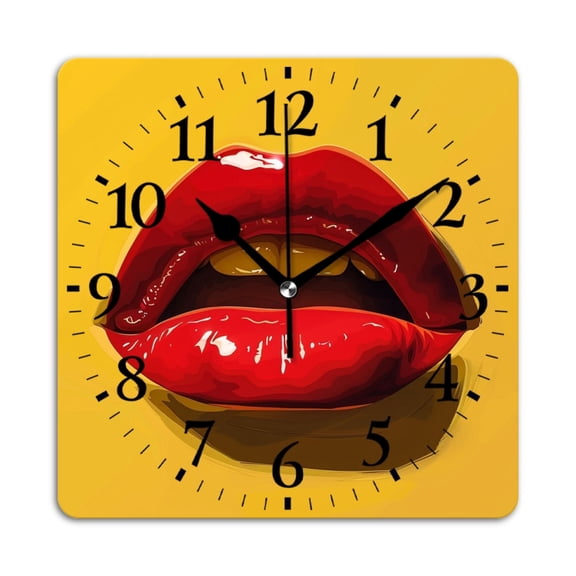 Square Wall Clock,Open Red Lips With Tongue Sticking Out On Yellow BackgSquare,Silent Non-Ticking Wall Clock Decor for Home Office Kitchen Living Room Bedroom(10inch)