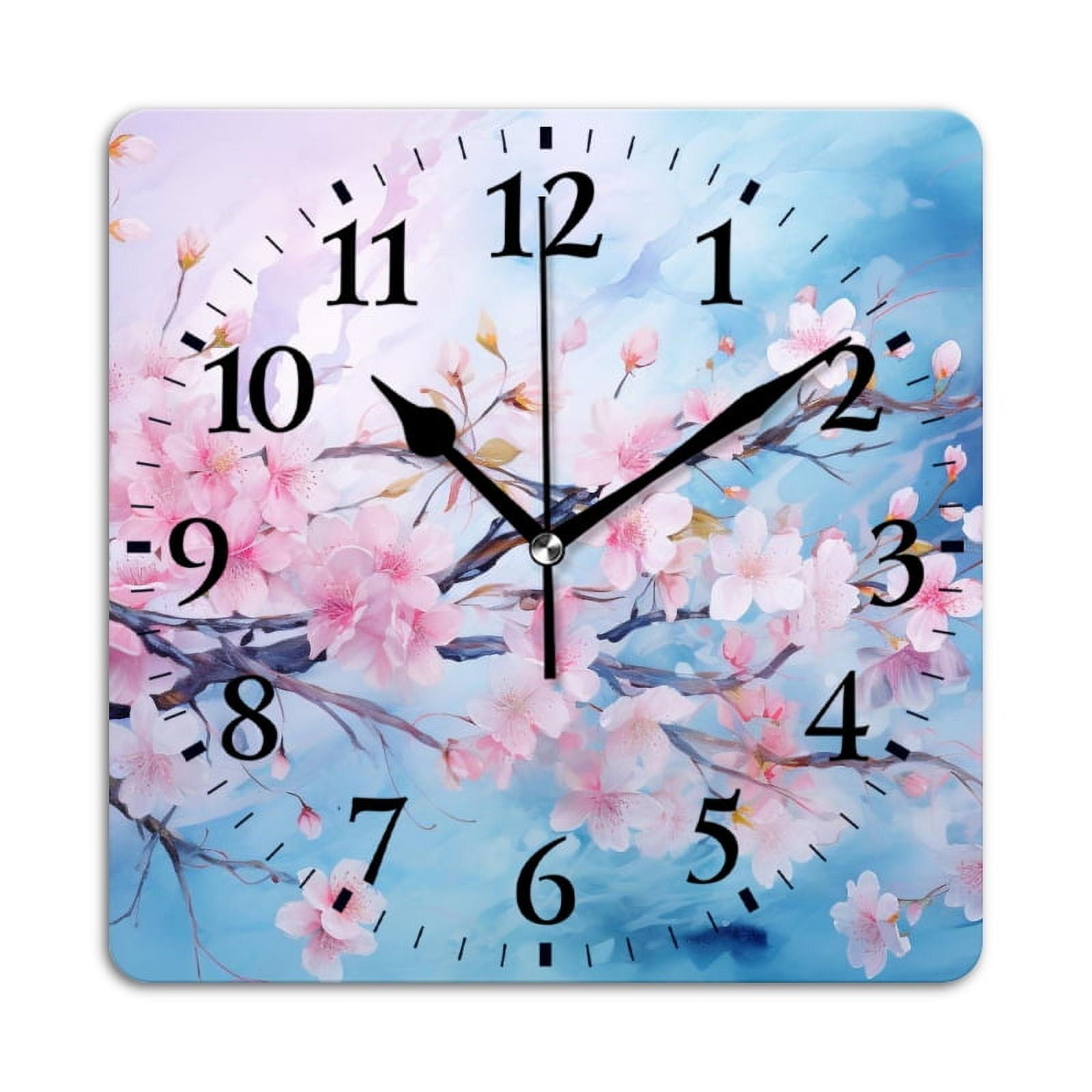 Square Wall Clock,Painting Of Pink Cherry Blossoms In Full Bloom,Silent