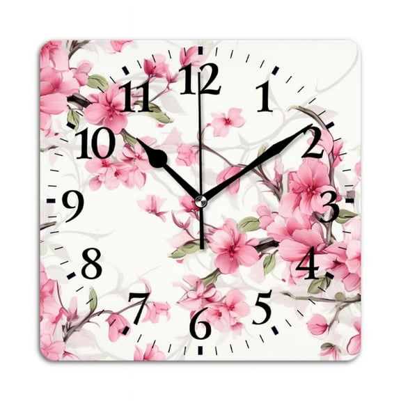 Square Wall Clock,Pattern Of Pink Flower With Green Leaves On White BackgSquare,Silent Non-Ticking Wall Clock Decor for Home Office Kitchen Living Room Bedroom(12inch)