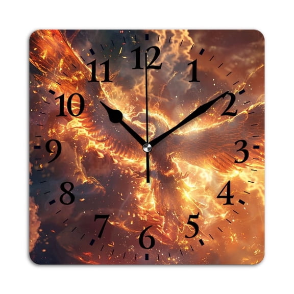 Square Wall Clock,Phoenix Rising From The Ashes SurSquareed By Lightning And Fire,Silent Non-Ticking Wall Clock Decor for Home Office Kitchen Living Room Bedroom(12inch)