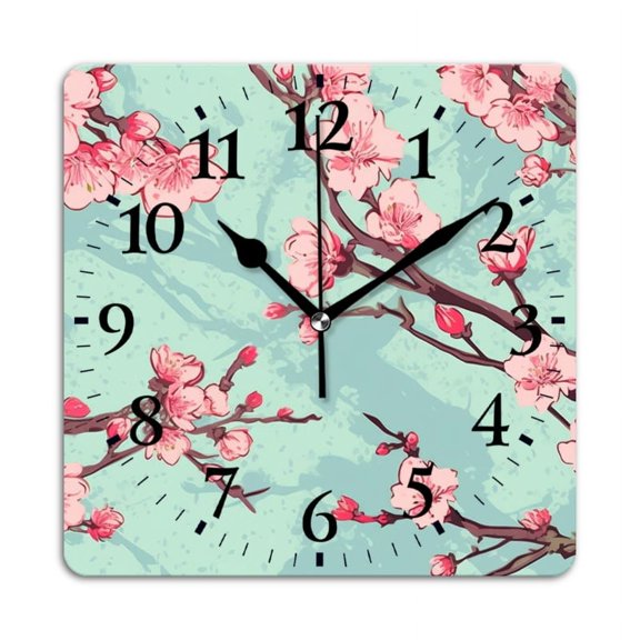 Square Wall Clock,Pink Cherry Blossoms On Tree Branches,Silent Non-Ticking Wall Clock Decor for Home Office Kitchen Living Room Bedroom(10inch)