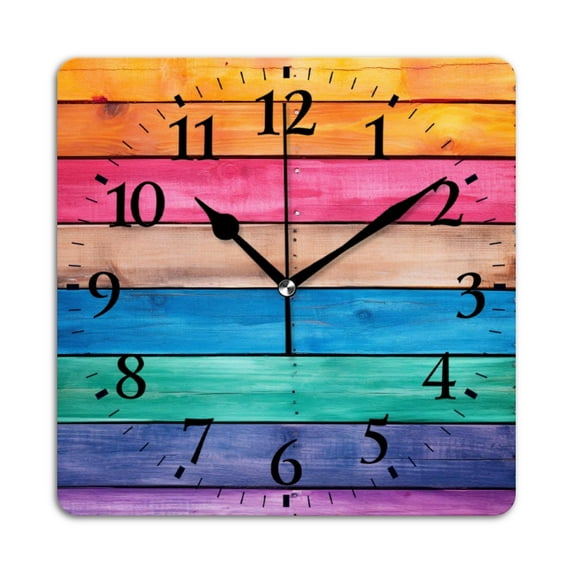 Square Wall Clock,Rainbow-Colored Wooden Wall,Silent Non-Ticking Wall Clock Decor for Home Office Kitchen Living Room Bedroom(14inch)