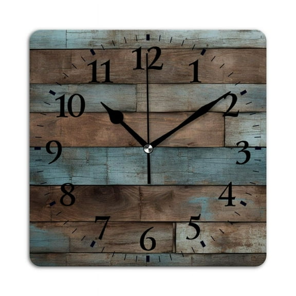 Square Wall Clock,Rustic Blue And Brown Wooden Wall BackgSquare In The Boho Style,Silent Non-Ticking Wall Clock Decor for Home Office Kitchen Living Room Bedroom(12inch)