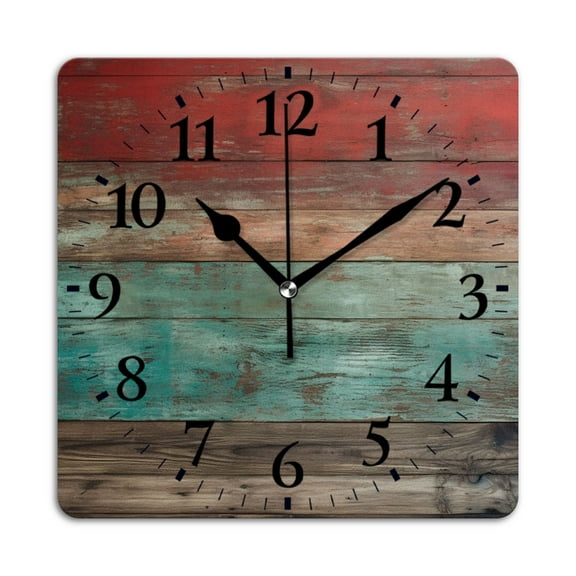 Square Wall Clock,Rustic Wood Wall With A Gradient Of Red, Teal, And Brown Colors,Silent Non-Ticking Wall Clock Decor for Home Office Kitchen Living Room Bedroom(14inch)