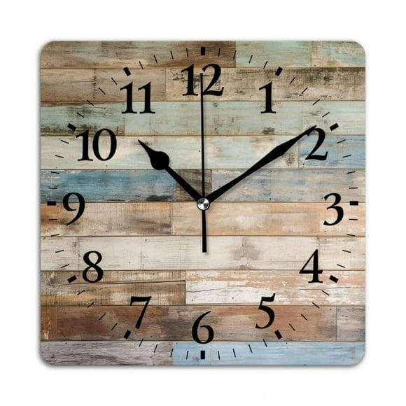 Square Wall Clock,Rustic Wooden Wall With Weathered And Distressed Planks,Silent Non-Ticking Wall Clock Decor for Home Office Kitchen Living Room Bedroom(10inch)