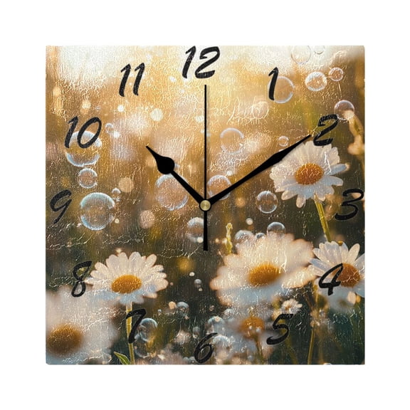 Square Wall Clock Silent Non-Ticking Battery Operated Retro 7.78" Clock for Bedroom Living Room Decor A Field Of Daisies