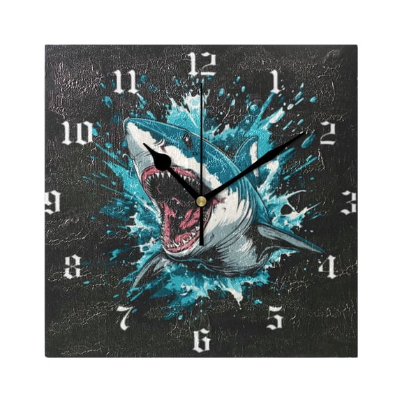 Square Wall Clock Silent Non-Ticking Battery Operated Retro 7.78" Clock for Bedroom Living Room Decor Aggressive Blue Shark