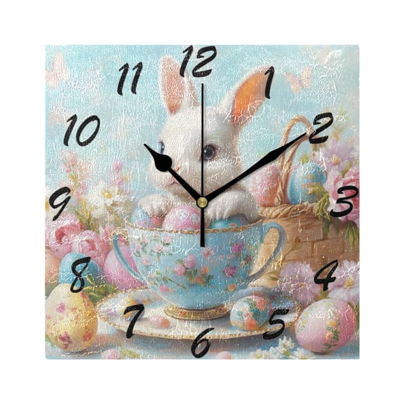 Square Wall Clock Silent Non-Ticking Battery Operated Retro 7.78" Clock for Bedroom Living Room Decor Bunny and Easter Teacup
