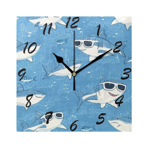 Square Wall Clock Silent Non-Ticking Battery Operated Retro 7.78" Clock for Bedroom Living Room Decor Cute Sharks Wearing Sunglasses