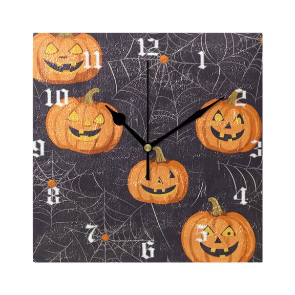 Square Wall Clock Silent Non-Ticking Battery Operated Retro 7.78" Clock for Bedroom Living Room Decor Pumpkins and Spider Pattern