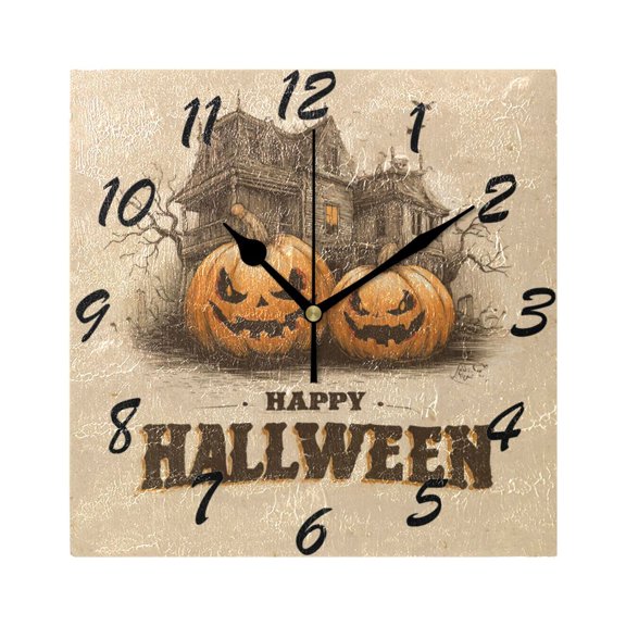 Square Wall Clock Silent Non-Ticking Battery Operated Retro 7.78" Clock for Bedroom Living Room Decor Pumpkins with Scary Faces
