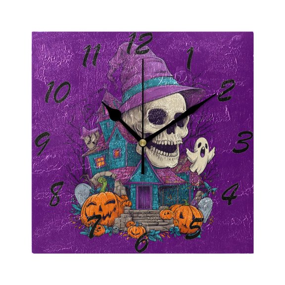 Square Wall Clock Silent Non-Ticking Battery Operated Retro 7.78" Clock for Bedroom Living Room Decor Smiling Skull Wearing Witch Hat