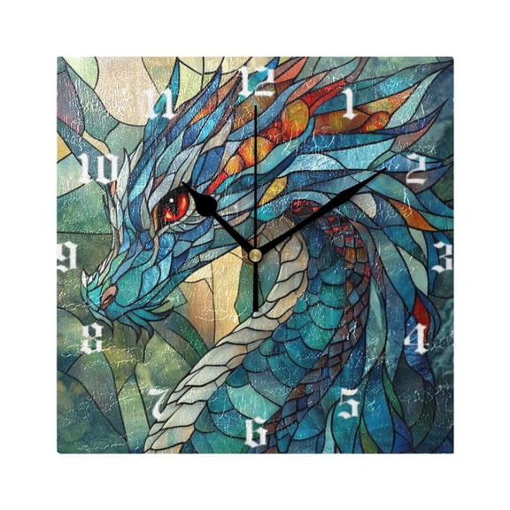 Square Wall Clock Silent Non-Ticking Battery Operated Retro 7.78" Clock for Bedroom Living Room Decor Stained Glass Dragon