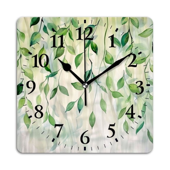 Square Wall Clock,Soft Watercolor Painting Of Hanging Green Leaves On Delicate Vines,Silent Non-Ticking Wall Clock Decor for Home Office Kitchen Living Room Bedroom(12inch)