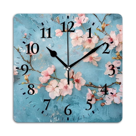 Square Wall Clock,Spring Cherry Blossoms On Grunge Blue Wall Backdrop,Silent Non-Ticking Wall Clock Decor for Home Office Kitchen Living Room Bedroom(14inch)