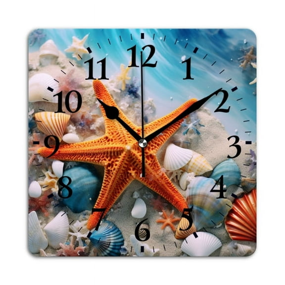 Non-Ticking Silent Wall Clocks Battery Operated Personalized Decor Clock for Living Room,Bedroom-Starfish On The Beach And Surrounded By Colorful Seashells(14inch)