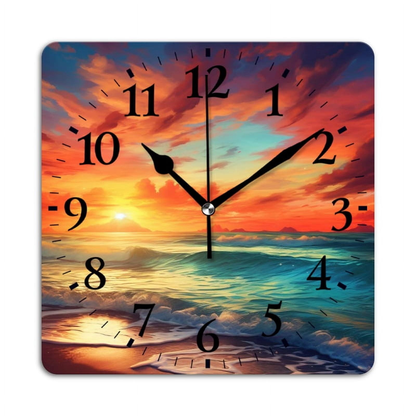 Square Wall Clock,The Sunset On The Beach With Colorful Clouds In The Sky,Silent Non-Ticking Wall Clock Decor for Home Office Kitchen Living Room Bedroom(14inch)