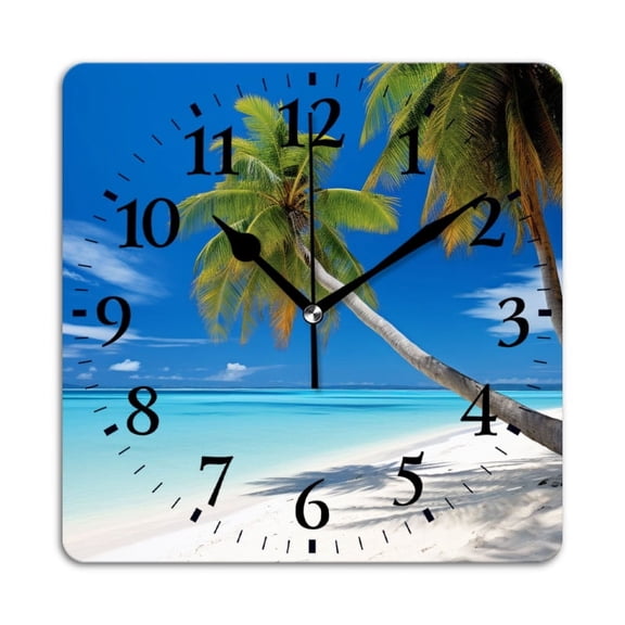 Square Wall Clock,Tropical Beach With Palm Trees And Crystal-Clear Turquoise Water,Silent Non-Ticking Wall Clock Decor for Home Office Kitchen Living Room Bedroom(10inch)