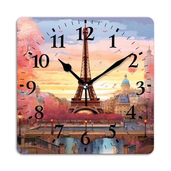 Square Wall Clock,Vibrant Digital Painting Of The Eiffel Tower In Paris,Silent Non-Ticking Wall Clock Decor for Home Office Kitchen Living Room Bedroom(10inch)