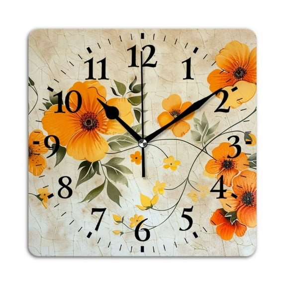 Square Wall Clock,Vintage Orange Floral Painted On Cracked Surface,Silent Non-Ticking Wall Clock Decor for Home Office Kitchen Living Room Bedroom(16inch)