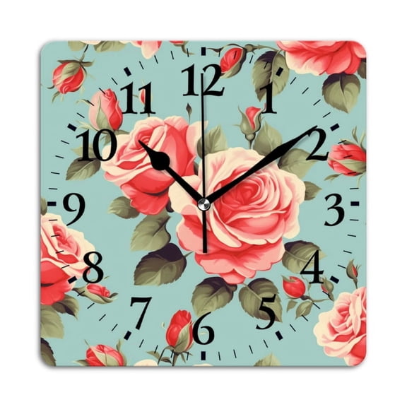 Square Wall Clock,Vintage Roses In Pastel Pink And Red,Silent Non-Ticking Wall Clock Decor for Home Office Kitchen Living Room Bedroom(10inch)