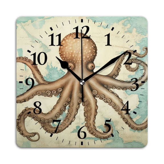 Square Wall Clock,Vintage-Style Of Octopus On The World Map,Silent Non-Ticking Wall Clock Decor for Home Office Kitchen Living Room Bedroom(10inch)