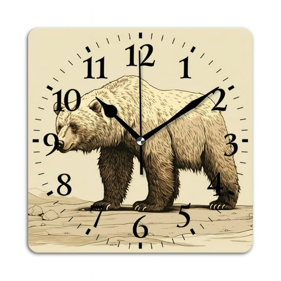 Square Wall Clock,Vintage Style Wild Animal Bear Hand Drawing Artistic,Silent Non-Ticking Wall Clock Decor for Home Office Kitchen Living Room Bedroom(10inch)