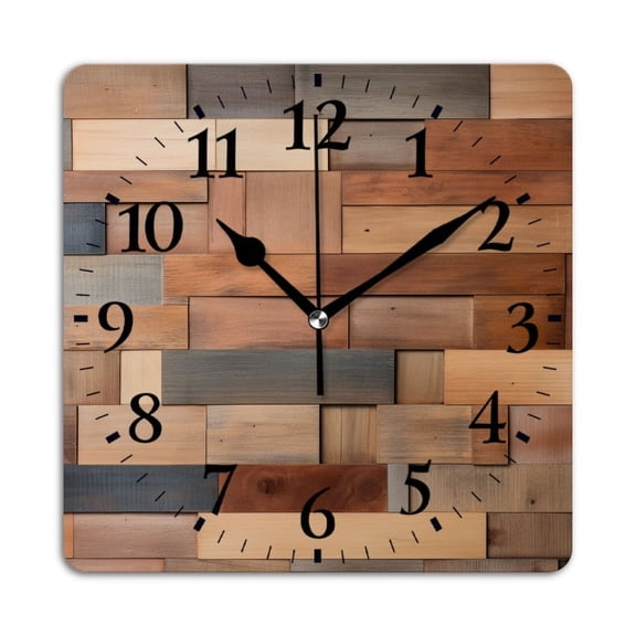 Square Wall Clock,Wall Made Of Different Wooden Blocks,Silent Non-Ticking Wall Clock Decor for Home Office Kitchen Living Room Bedroom(14inch)