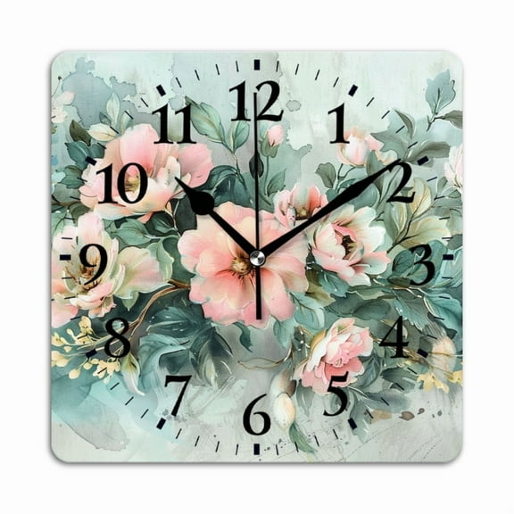 Square Wall Clock,Watercolor Floral Border With Pink And Sage Green Tones,Silent Non-Ticking Wall Clock Decor for Home Office Kitchen Living Room Bedroom(12inch)