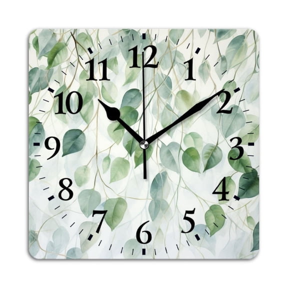 Square Wall Clock,Watercolor Hanging Leaves Mural In Green And White Color Scheme,Silent Non-Ticking Wall Clock Decor for Home Office Kitchen Living Room Bedroom(10inch)