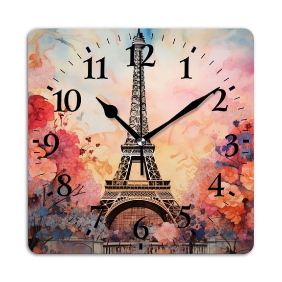 Square Wall Clock,Watercolor Painting Of The Eiffel Tower SurSquareed By Blooming Flowers,Silent Non-Ticking Wall Clock Decor for Home Office Kitchen Living Room Bedroom(14inch)
