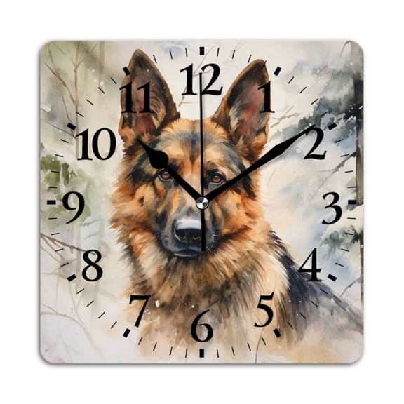 Square Wall Clock,Watercolor Painting Of Elegant German Shepherd In Winter Forest,Silent Non-Ticking Wall Clock Decor for Home Office Kitchen Living Room Bedroom(12inch)