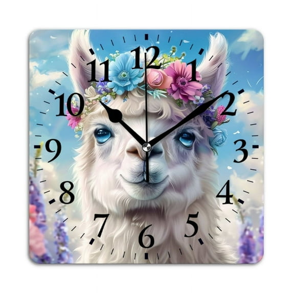 Square Wall Clock,White Llama With Blue Eyes And Colorful Flower Crown,Silent Non-Ticking Wall Clock Decor for Home Office Kitchen Living Room Bedroom(14inch)