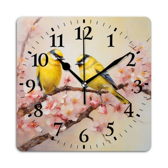 Square Wall Clock,Yellow Birds Perched On Cherry Blossoms,Silent Non-Ticking Wall Clock Decor for Home Office Kitchen Living Room Bedroom(10inch)