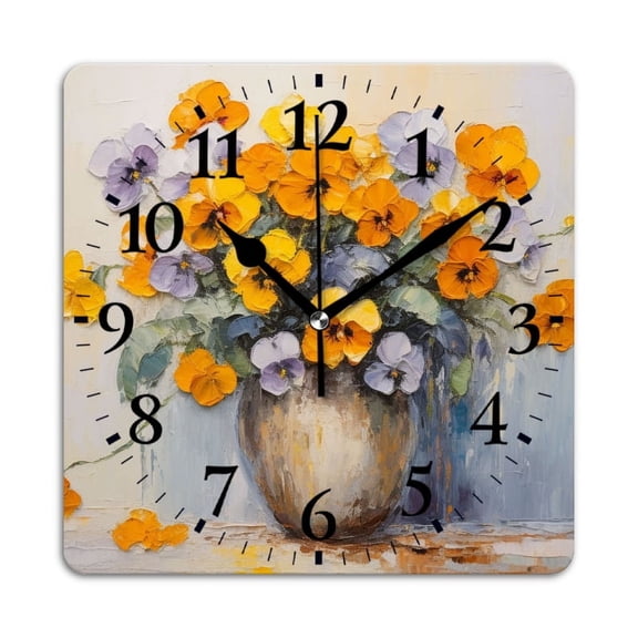 Square Wall Clock,Yellow And Violet Pansies In Pot On Light BackgSquare,Silent Non-Ticking Wall Clock Decor for Home Office Kitchen Living Room Bedroom(10inch)