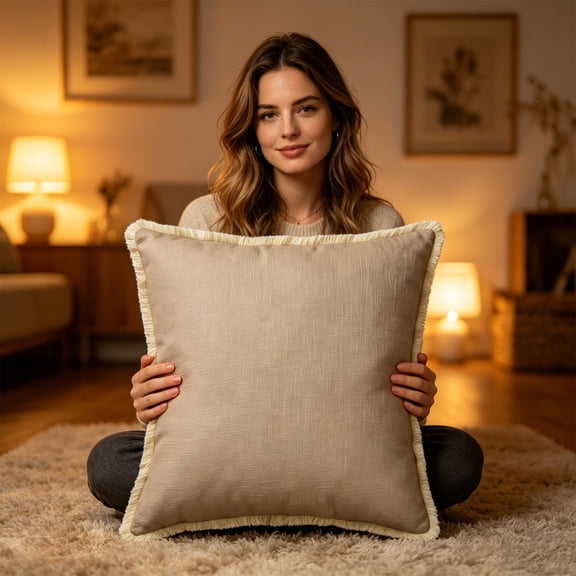 Square Washed Cotton Throw Pillow with Fringe Trim, 17.71 Inch Solid Neutral Decorative Cushion with Inner Insert, Weather Resistant Pillow for Sofa Couch Outdoor Patio Lounge Seating Decor