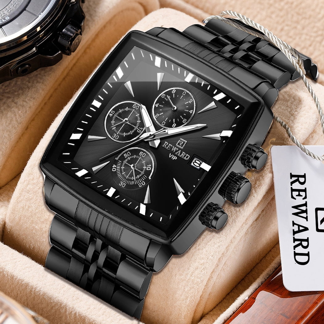 Square Watches for Men Black Stainless Steel Chronograph Fashion Business Watch Luminous Waterproof Casual Wrist Watches
