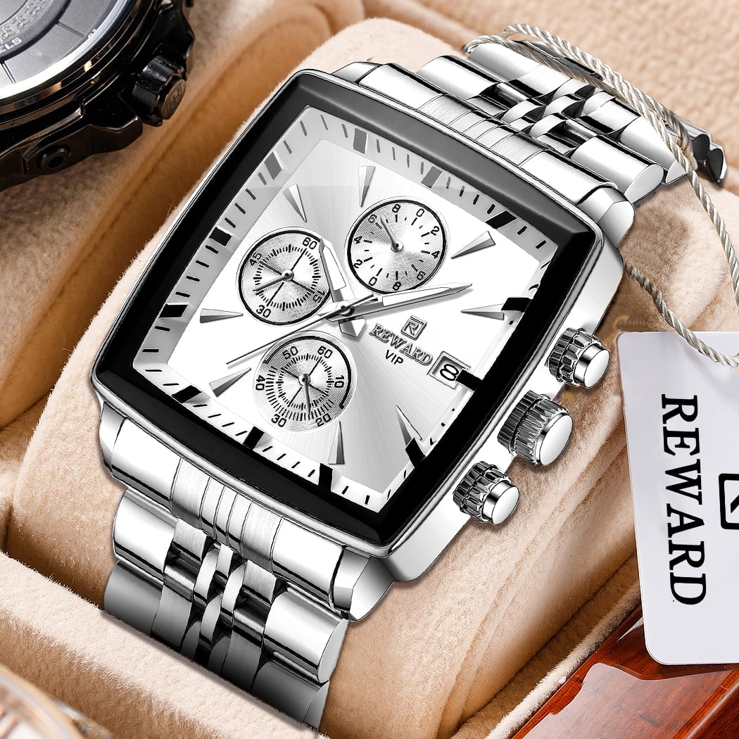 Square Watches for Men Silvery Stainless Steel Chronograph Fashion Business Watch Luminous Waterproof Casual Wrist Watches