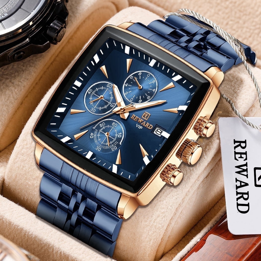 Square Watches for Men Blue Stainless Steel Chronograph Fashion Business Watch Luminous Waterproof Casual Wrist Watches
