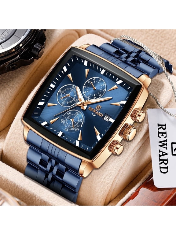 Square Watches for Men Blue Stainless Steel Chronograph Fashion Business Watch Luminous Waterproof Casual Wrist Watches