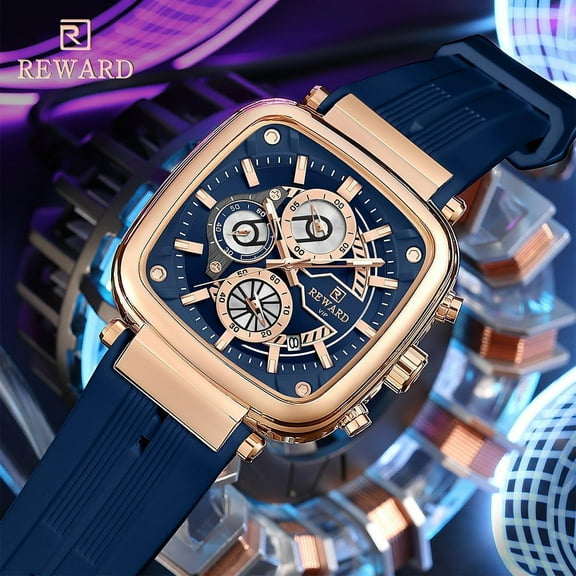 Square Watches for Men, Blue Silicone Chronograph Calendar, Fashion Sports Watch, Luminous Waterproof, Casual Wrist Watches, Rose Gold Case