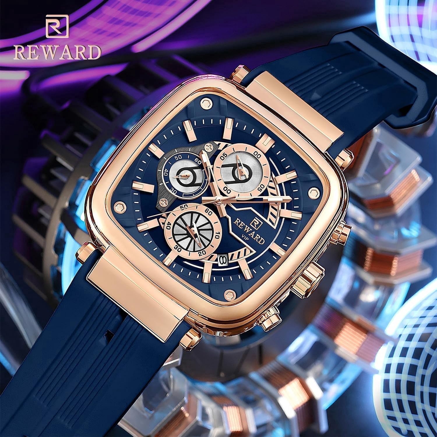 Square Watches for Men, Blue Silicone Chronograph Calendar, Fashion Sports Watch, Luminous Waterproof, Casual Wrist Watches, Rose Gold Case