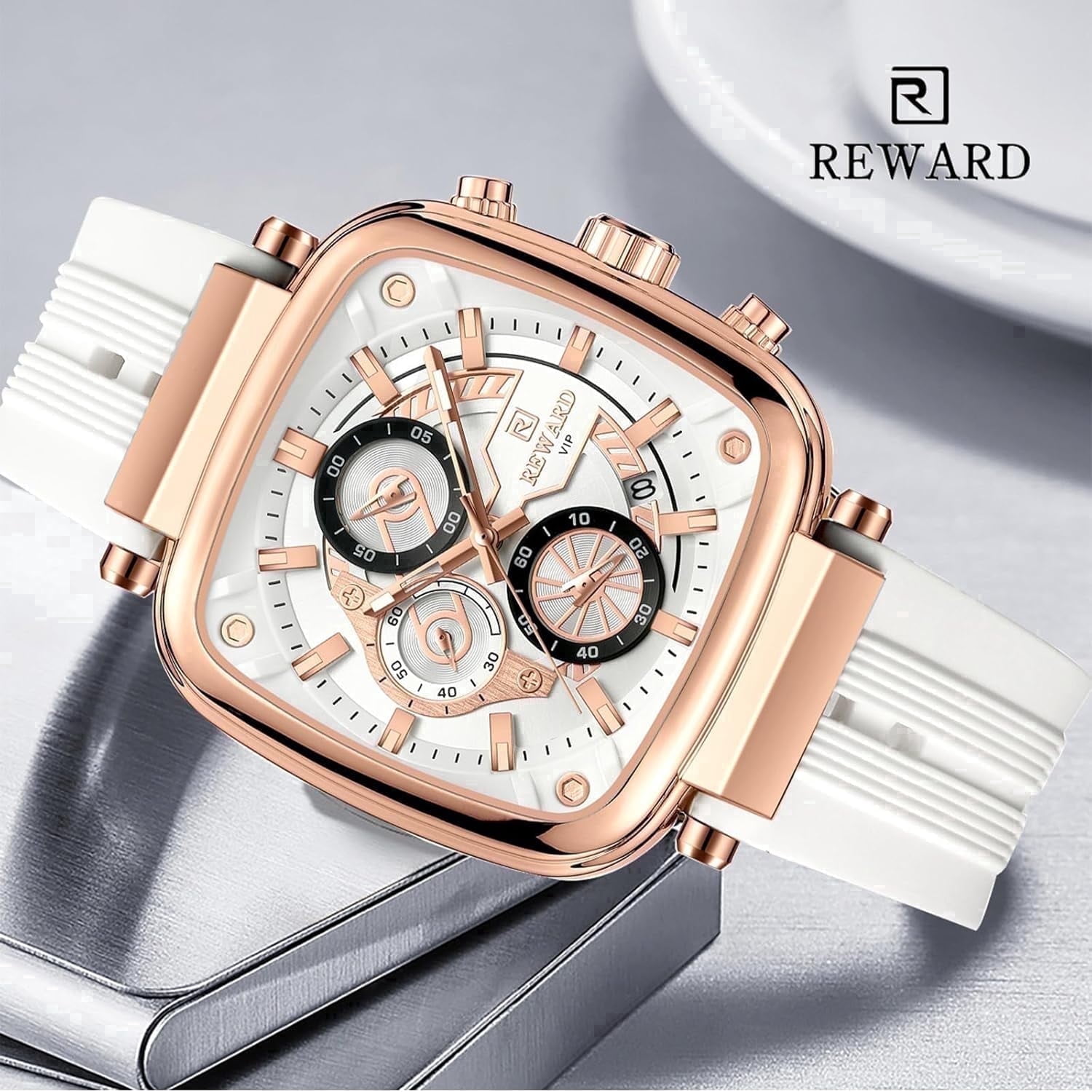 Square Watches for Men Brown Silicone Chronograph Fashion Sports Watch Luminous Waterproof Casual Wrist Watches Blue Red White