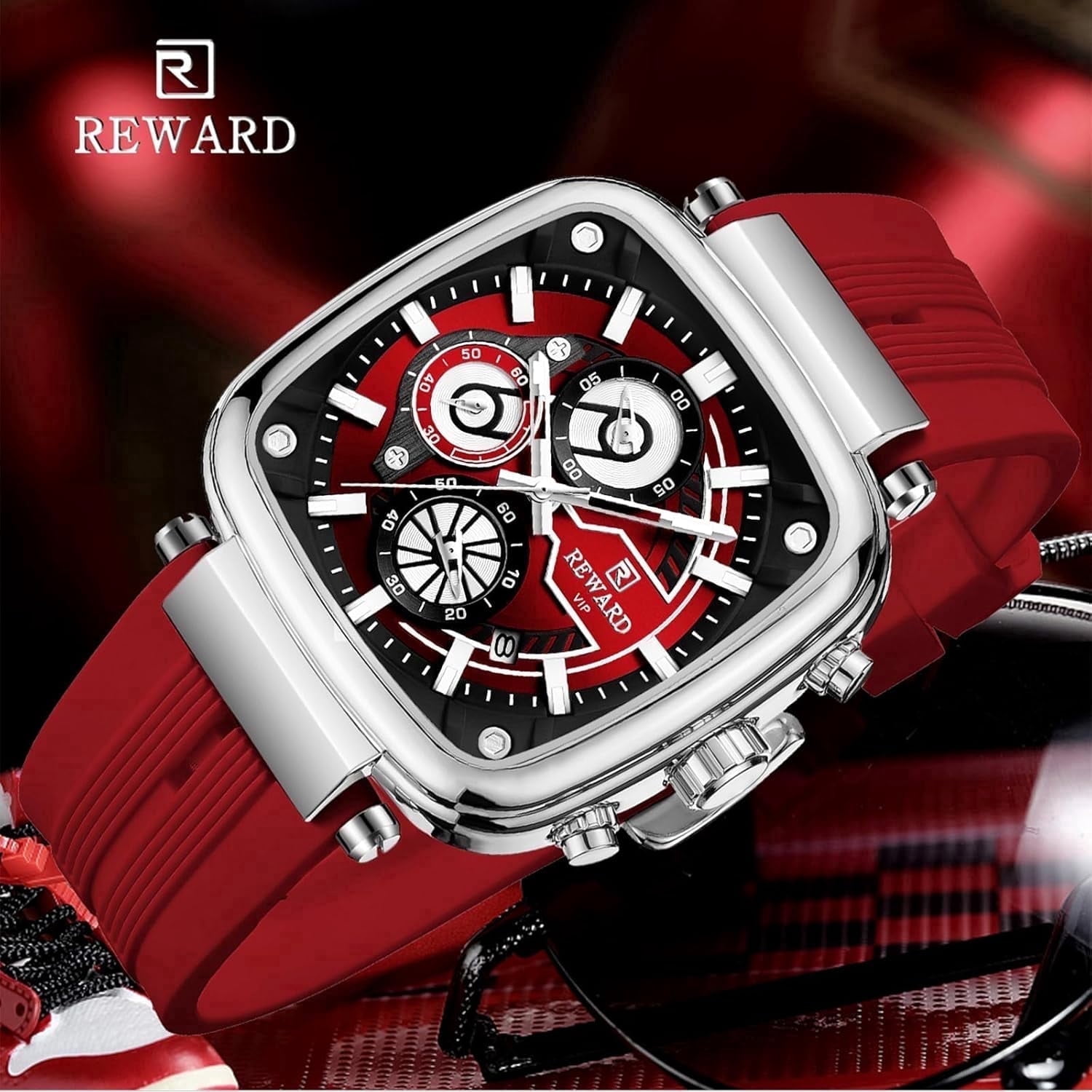Square Watches for Men Red Silicone Chronograph Fashion Sports Watch Luminous Waterproof Casual Wrist Watches Silver Red