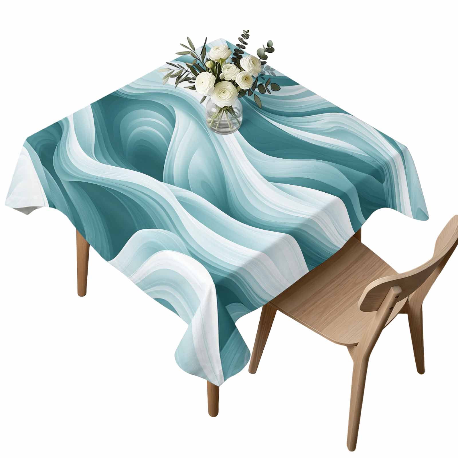 Square Waterproof Tablecloth 54x54in Abstract Teal White Wave Stripe ...