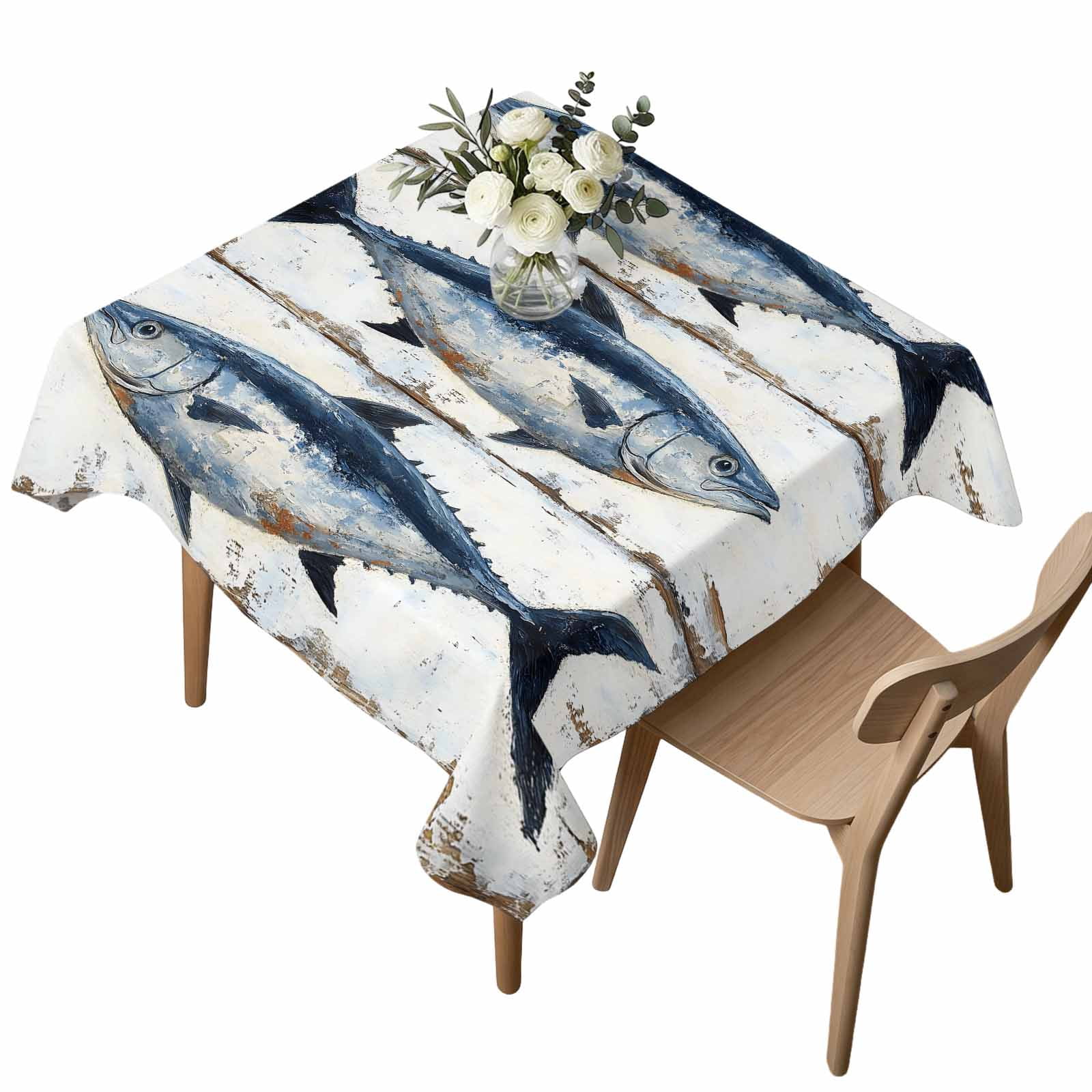 Texture Decor Table Square Waterproof Tablecloth 54x54in Tuna Blue Fish Table Cloths Cover ...