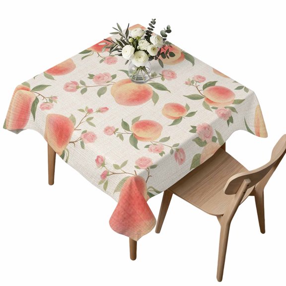 Square Waterproof Tablecloth 54x54in Vintage Pink Peaches Flowers Table Cloths Cover Summer Fruit on Linen Spill Proof Kitchen Dining Tabletop Covers for Holiday Party,Camping