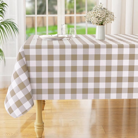Square Waterproof Vinyl Table Cloth, Buffalo Polyester Fiber Tablecloth, Wipeable Plastic Table Cover for Dinner, Kitchen, Outdoor (60" x 60", Khaki and White)