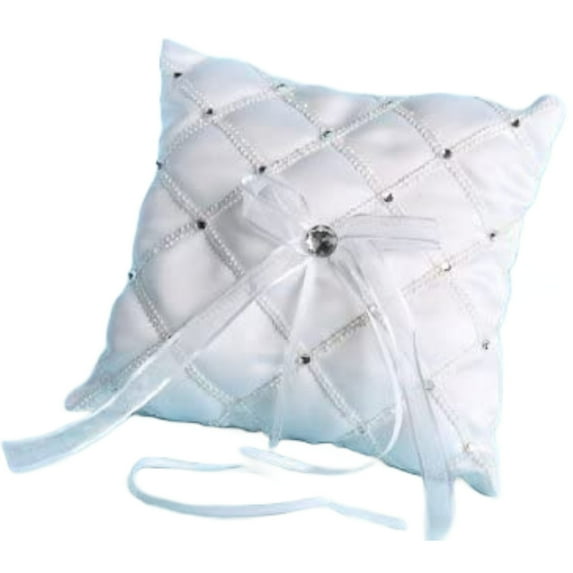 Square Wedding Ring Bearer Pillow with Bow and Rhinestones, White 7 X 7 Inches